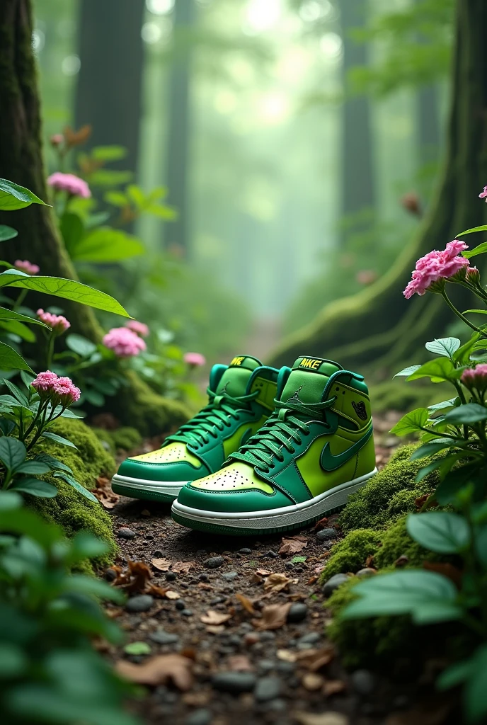 nike air jordan sneakers with green plants and flowers in the middle of an enchanted forest, with a streetwear style background, ultra detailed, realistic, --ar 4:5 --v 6.1 cor do tenis verde