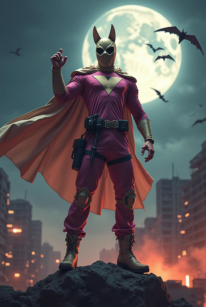 Malaysia man in high-tech suit, vivid effects, malaysian superhero(( (KELUANG MAN)) in a striking pink and brown beige costume cyberpunk design((, mask small mini bat ear beige,)) daredevil beige mask, jumpsuit dark pink stands confidently in a dramatic.jumping from high place.hero costume.one hand rise up. (Big triangle logo on the chest.high detail Punisher logo on the chest)). jumping from hight place. Fighting pose , stormy landscape. ((Head covered node guard like batman. Running pose , athletic body type, small mini ear bat mask))The character wears domino mask a helmet with pointed mini torn ears and a flowing cape biege, open nose and mouth. Equipped with visible futuristic weapons on a belt,bullet proof jacket pink dark day.show fingers pose, dark night, big supermoon effect . Small logo on chest triangle shape small ((mitch gerads punisher ))logo center triangle cyber logo center on chest pink logo mini logo Casey Jones mask on the logo on chest. )). rocky. Building top.smoke ground , bomb effect background, losse pants, losses costume.adding to --ar 3:4 --style raw --stylize 500 --v 6.1. chaos. Lot of small flying bat. Hand glove. One leg on the high stone. Man. Backpack . Real man age 40 year old. One hand holding belt. Jump from high place. Open cape.