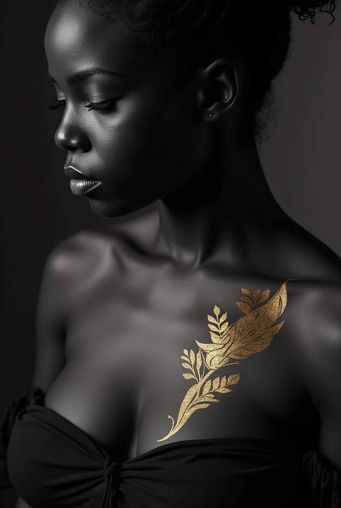 Create a tattoo under the breast of a black woman where her African roots are reflected, resilience, Kintsugi and a woman who, despite her horrible childhood, moves forward, just black and white colors and shadows and cute tattoo 