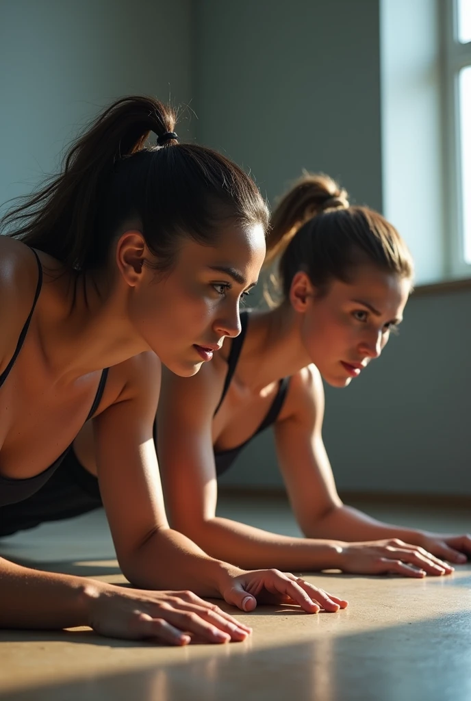 Create two people, a man and a woman doing push-ups and very focused on that.