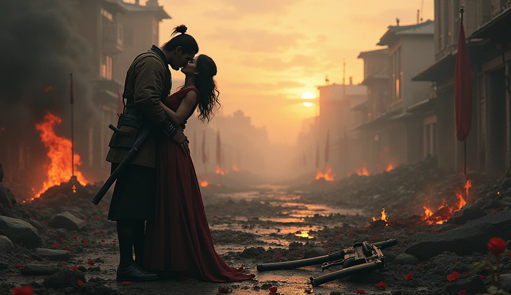 1890; (masterpiece, best quality) destroyed city roses on the floor(Iroshima); flowers on the ground; 1Samurai soldier kissing his wife(close-up);firearm on the floor.; fire around.