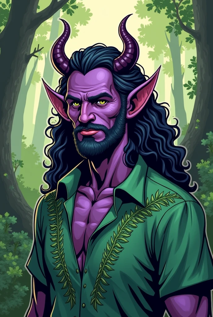 Create a tiefling druid with purple skin and small, curled horns. He has long, curly hair and wears a green shirt with intricate leaf patterns. His face should reflect maturity and wisdom, with well-defined features and a subtle, confident smile. Avoid a too-sweet or overly youthful expression; instead, give him a composed and serene demeanor. Use bold outlines and flat colors typical of traditional comic book art, ensuring that his proportions and details convey a sophisticated, mature appearance. Chifres pretos, aparência menos madura, rosto menos quadrado, forte