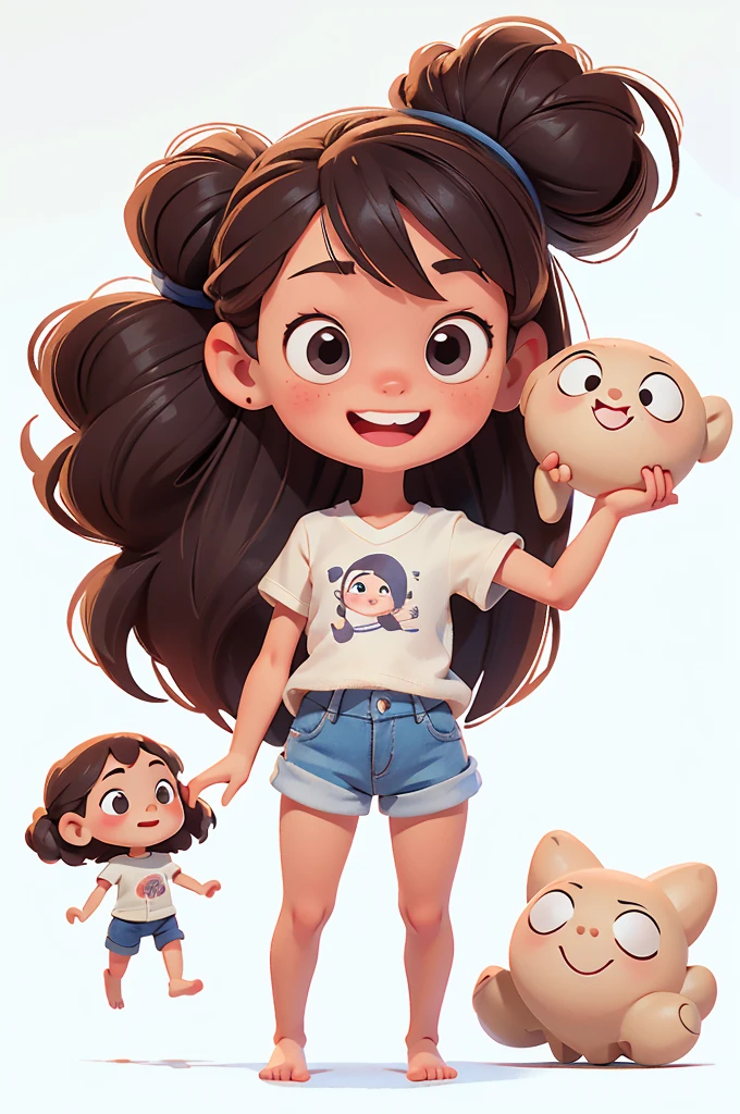 Perfect anatomia, 1girl, solo, skinny body, happy, , with white background, playing with a doll, front face, looking straight, cute face, wearing a t-shirt and long shorts, barefoot