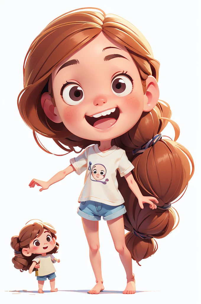 Perfect anatomia, 1girl, solo, skinny body, happy, , with white background, playing with a doll, front face, looking straight, cute face, wearing a t-shirt and long shorts, barefoot