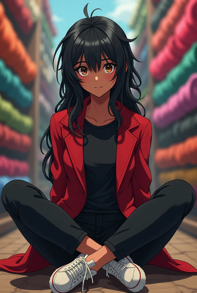 "An anime style girl, about 20 years old, with dark skin and a somewhat robust complexion, having masculine features. Her hair is long, Black and messy, with brown pupils and noticeable dark circles. He wears a black shirt, a red blazer, black pants and white tennis shoes. The background is a fabric store, with rolls of fabrics of different colors around it."
