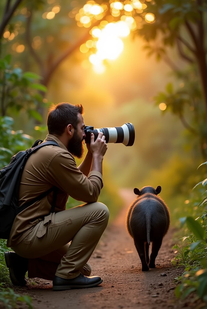 Nature photographer, dressed in sand-colored cargo pants and a brown lumberjack shirt, short dark hair, full beard. The photographer is on one knee, using a very large white 600mm super telephoto lens. view from behind, while photographing a tapir that approaches him from the front. Sunset backlighting. The tapir heads straight towards the photographer along a narrow path in the jungle.