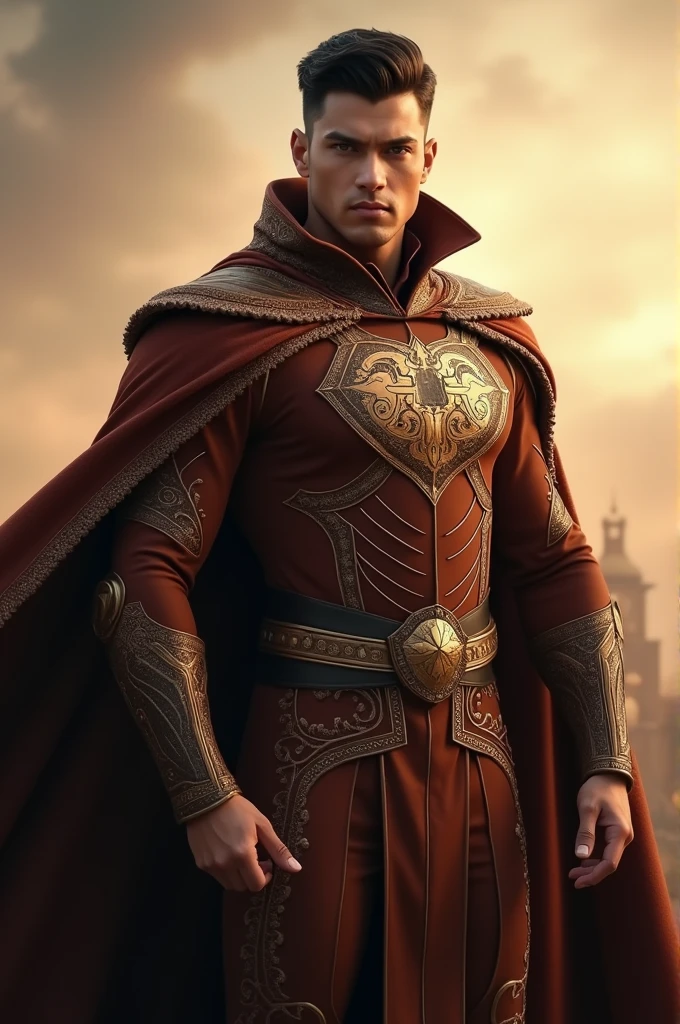 Handsome Kazakhstani man. Hero outfit color Brown. He wears a topless but there's like a cape and hood but make it heroic outfit. The cape and hood are extravagant. Brown reverse logo on her hero outfit