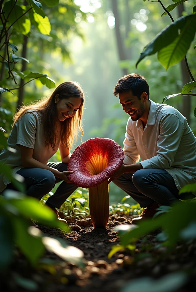 Scientists exploring the Indonesian jungle are happy because they found the small Rafflesia Arnoldi plant  