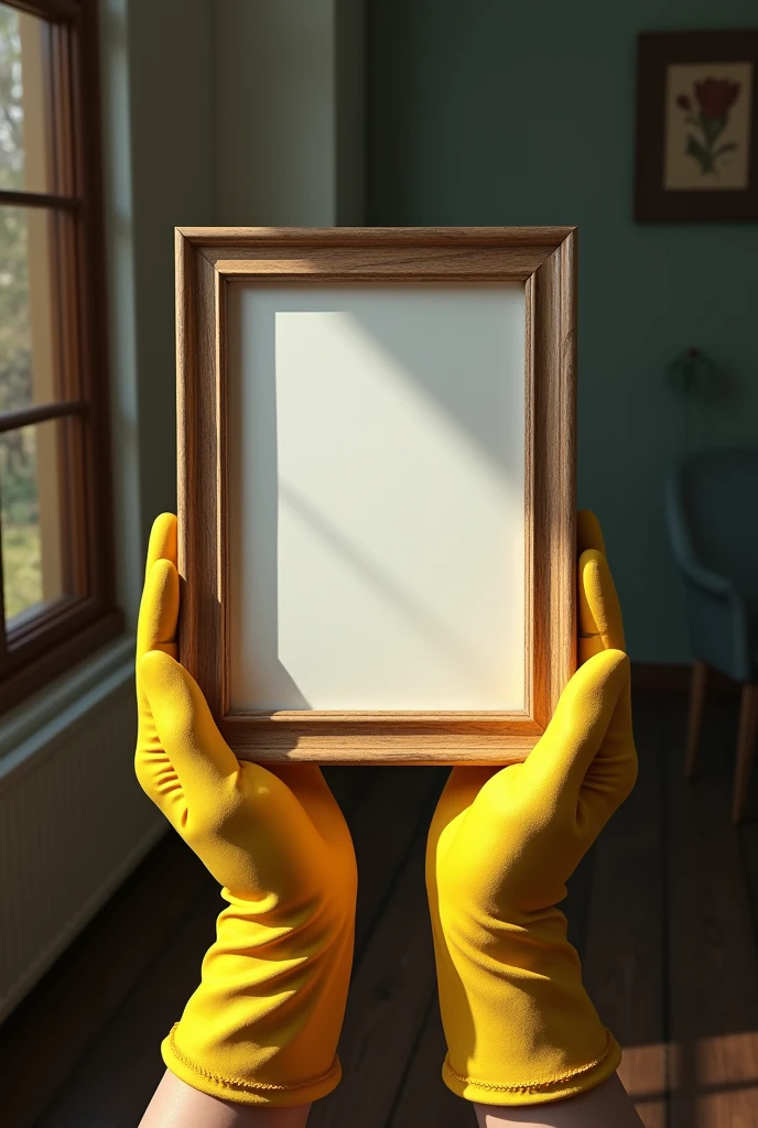 The image shows a pair of hands with yellow gloves holding a rectangular wooden frame. Inside the frame, there is a blank space where a photo or image would normally be. The scene takes place in a closed environment, possibly near a window, with natural light entering. The expression and context suggest that the figure holding the frame is contemplating empty space., perhaps in a moment of nostalgia or reflection.






