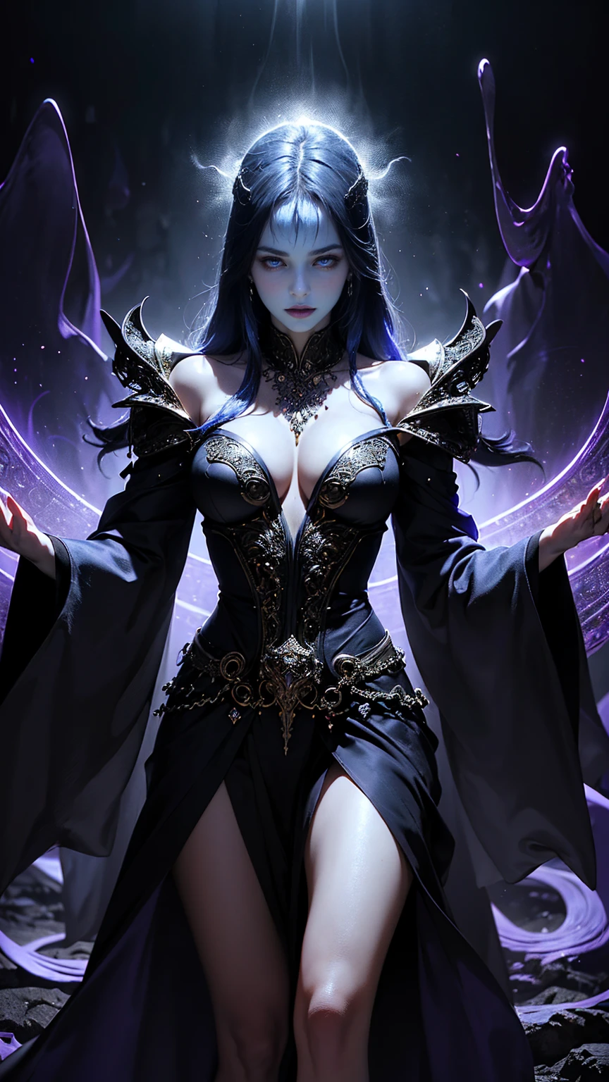 (Medieval fantasy era:1.2), Lady Morgana Devereux, Sorceress, Standing alone, Mystical chamber, Enigmatic figure, Powerful mage, (Flowing robes with mystical patterns:1.4), (Intricate arcane details:1.5), (Occult atmosphere:1.3), (Dangerous allure:1.2), (Commanding presence:1.1), (Enticing dynamic:1.2), (Charismatic persona:1.3), (Alluring mystery:1.4), Confident, (Radiating magical energy:1.2), (Intense violet eyes:1.3), Intriguing, Mysterious, (Ethereal appearance:1.4), Contemplative, (Alluring silhouette:1.2), (Mystical pose:1.3), (Otherworldly figure:1.4), (Arcane charm:1.1), (Dark magic fashion:1.2), Elegance, Power, (Occult statement:1.1), (Sorceress poses:1.2), Enigmatic, Sophistication, (Mystical icon:1.1), (Timeless style:1.2), (Arcane attire:1.3), Iconic, Magic, Vogue, Otherworldly, (Shadowy background:1.4), (Classic elegance:1.1), (Magic-infused:1.2), Trendsetter, (Effortless mystique:1.4), (Timeless allure:1.1), (Dark elegance:1.2), Mesmerizing, Arcane