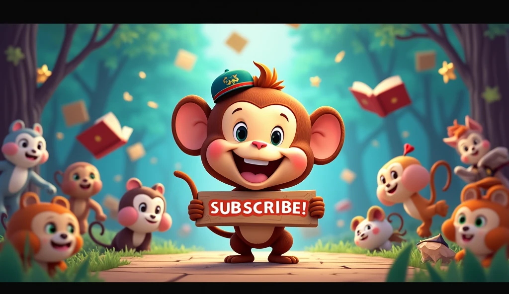 Create an inviting and magical image encouraging viewers to subscribe to the Monkey Shack YouTube channel. The image should feature a whimsical, colorful setting with elements from the enchanting stories and adventures shared on the channel. Include a friendly, animated monkey character, possibly wearing a fun hat or holding a sign that says 'Subscribe!' in vibrant, eye-catching text. 

The background can be a fantastical scene with floating books, dancing animals, and sparkling stars to reflect the channel's diverse and delightful content. Add a playful, engaging message like: 'For more enchanting stories, fun adventures, and delightful content, make sure to subscribe to Monkey Shack!' Ensure the overall design is colorful, welcoming, and appealing to both kids and parents.