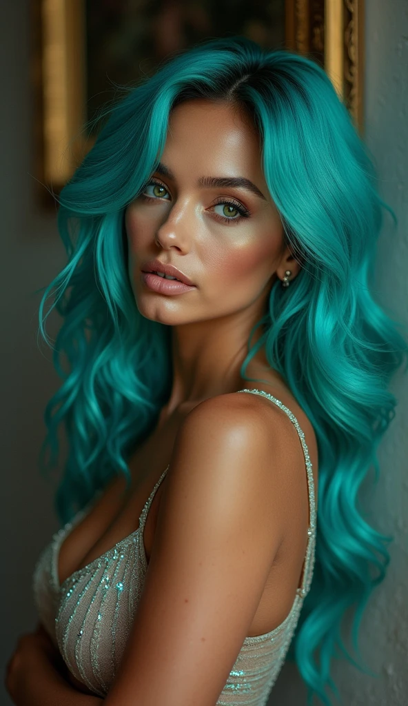 sexy girl, turquoise hair, green eyes, Jennifer Lopez style revealing outfit