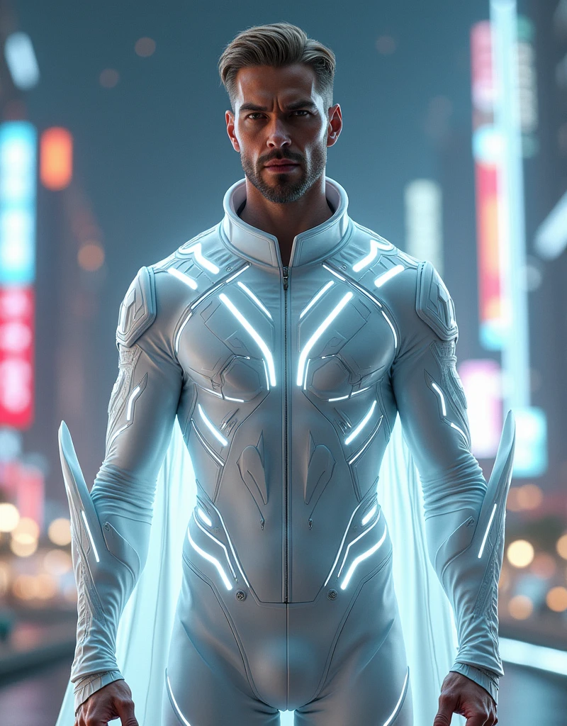 Aqua man glossy white suit in with glowing white lighting cyberpunk futuristic costume background