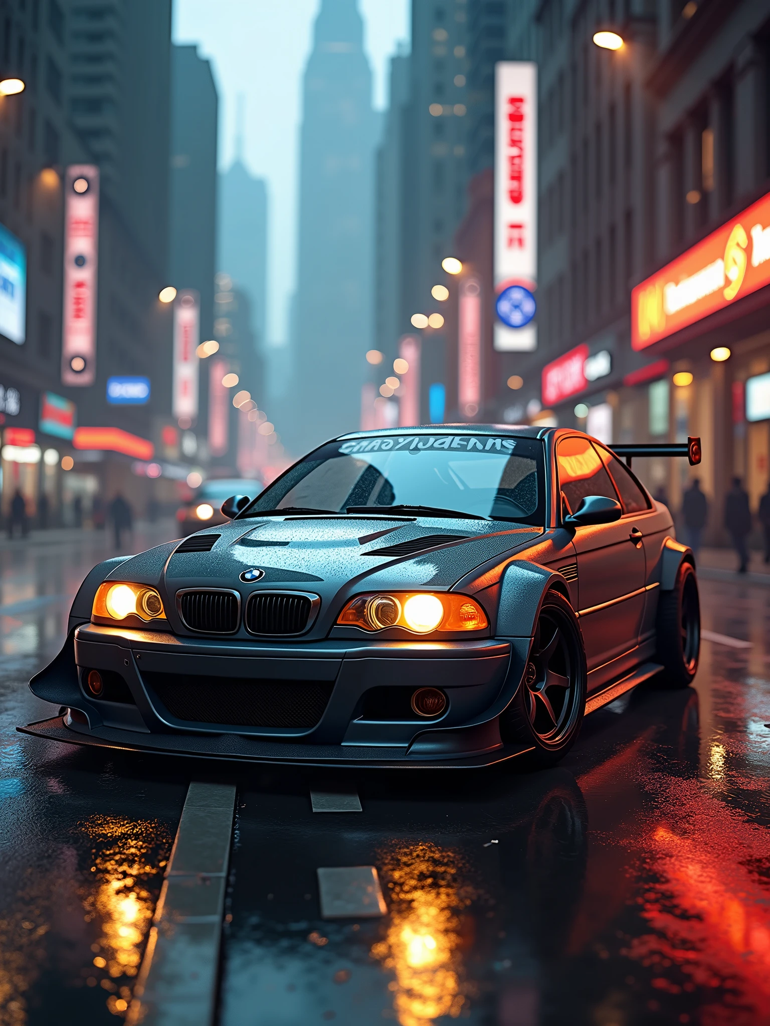 BMW E46 M3 gtr need for speed most wanted car in a city , high quality photograph, sharp focus, bokeh, ligthing