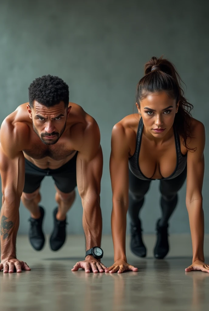 Create two people, a man and a woman doing push-ups and very focused on that.