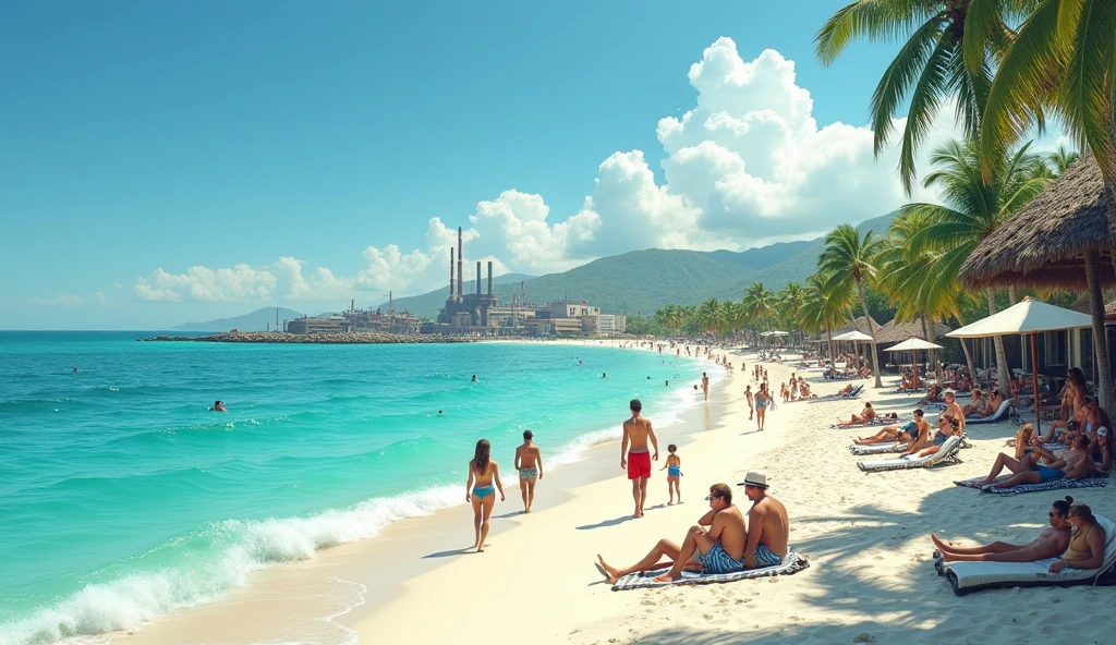 Beach with tourists and on the other side of the sea an area with garbage and bad air