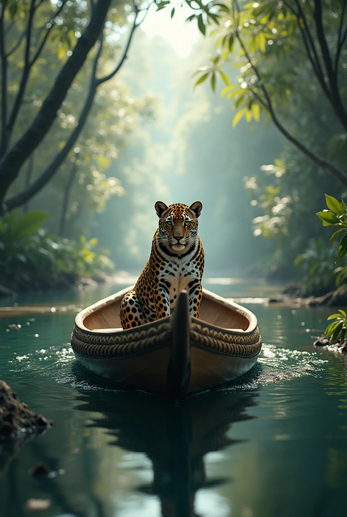 jaguar riding a canoe