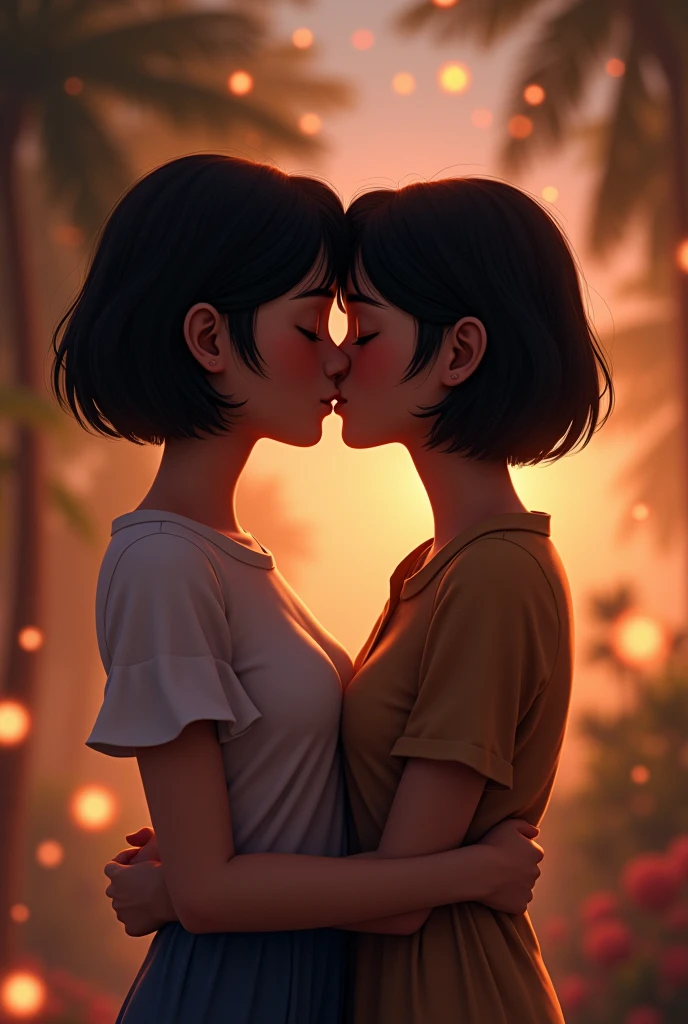  Asian and brown with short hair kissing 