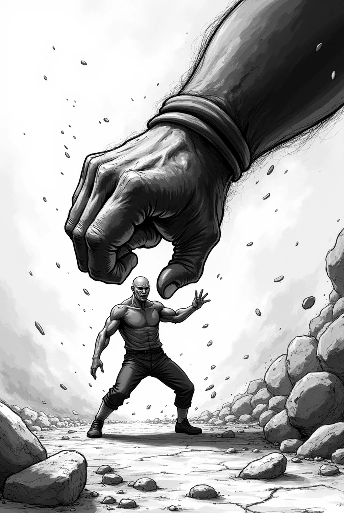 a bald man taking a FULL punch from a giant hand, in the air, with a good point of view to capture the full impact of the blow (manga art style) (hand drawn) (dynamic point of view)