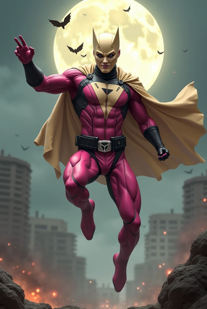 Malaysia man in high-tech suit, vivid effects, malaysian superhero(( (KELUANG MAN)) in a striking pink and brown beige costume cyberpunk design((, mask(( small mini bat ear beige,)) ((daredevil beige mask, ))jumpsuit dark pink stands confidently in a dramatic.jumping from high place.hero costume.one hand rise up. (Big triangle logo on the chest.high detail Punisher logo on the chest)). jumping from hight place. Fighting pose , stormy landscape. ((Head covered node guard like batman. Running pose , athletic body type, small mini ear bat mask))The character wears domino mask a helmet with pointed mini torn ears and a flowing cape biege, open nose and mouth. Equipped with visible futuristic weapons on a belt,bullet proof jacket pink dark day.show fingers pose, dark night, big supermoon effect . Small logo on chest triangle shape small ((mitch gerads punisher ))logo center triangle cyber logo center on chest pink logo mini logo Casey Jones mask on the logo on chest. )). rocky. Building top.smoke ground , bomb effect background, losse pants, losses costume.adding to --ar 3:4 --style raw --stylize 500 --v 6.1. chaos. Lot of small flying bat. Hand glove. One leg on the high stone. Man. Backpack . Real man age 40 year old. One hand holding belt. Jump from high place. Open cape.