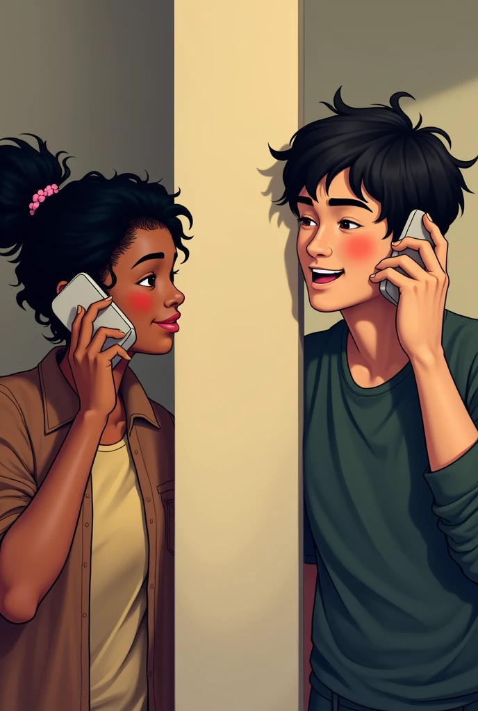 Create an image that on the right has a man talking in love on the phone, with black hair and casual clothes, then separated from the left by a wall, and on the left there is a young, friendly, dark-skinned woman, also talking. by phone.