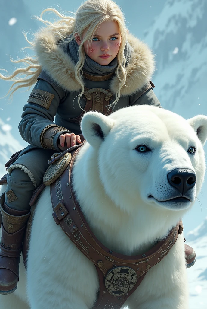Cute blonde girl haviing war scars all over her face and riding a war equipped polar bear
