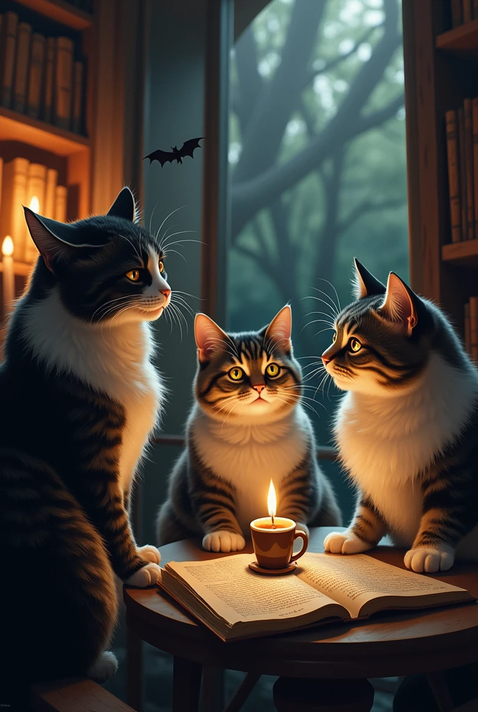 create an image about some cats in a cafe telling horror stories 