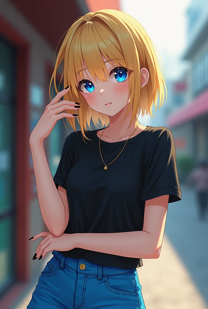 blonde girl with long black nails in a black t-shirt, in blue shorts with blue eyes 4k photo in anime style 