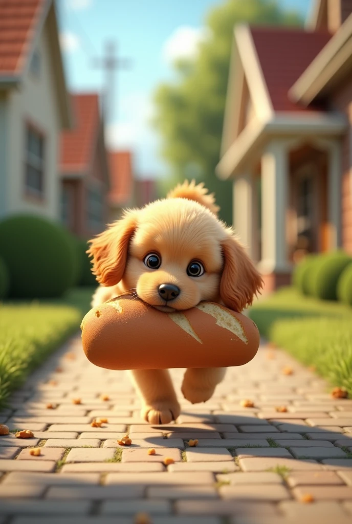 A  puppy with a bread in its mouth running away from humans