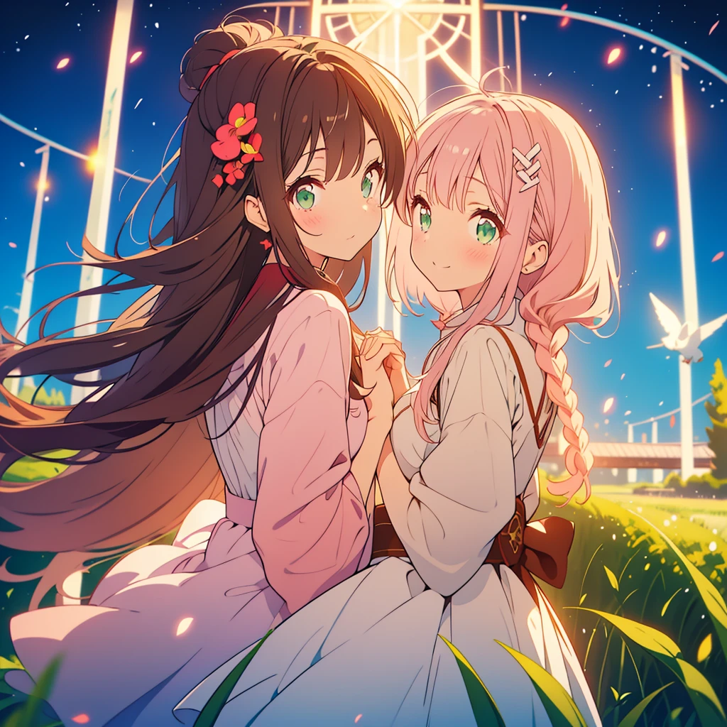 Snowdrop、A young girl with light pink hair and scarlet eyes.、A girl with long dark brown hair and green eyes、Snowdropの花畑、Symmetrical、Back to Back、smile、Fantasy、dusk、Starry Sky、grassland、Holding hands、Reunion、A young girl with short light pink hair and scarlet eyes., Girl with long dark brown hair and green eyes