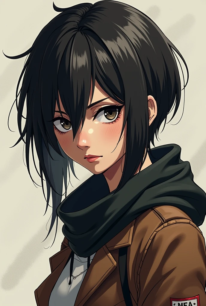 2d anime, Attack on titan Artstyle, female, shaggy hair, piercing black eyes, fierce, badass, portrait, cool, aloof, hooded eyes