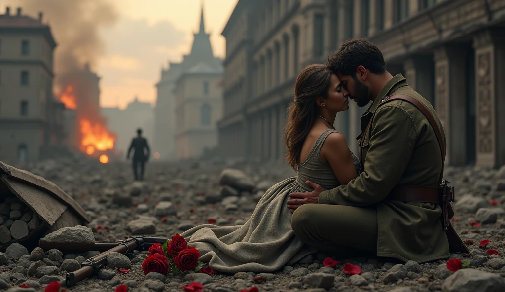 1914; (masterpiece, best quality) destroyed city roses on the floor(London); flowers on the ground; 1frace soldier couple kissing looking Down(close-up);firearm on the floor.; fire around.