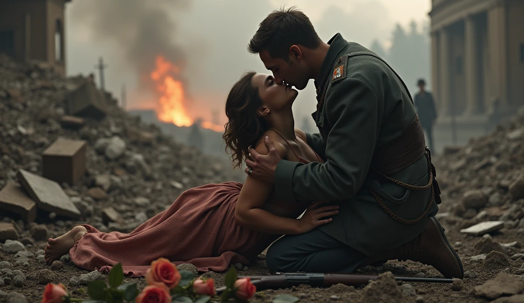 1914; (masterpiece, best quality) destroyed city roses on the floor(London); flowers on the ground; 1frace soldier couple kissing looking Down(close-up);firearm on the floor.; fire around.