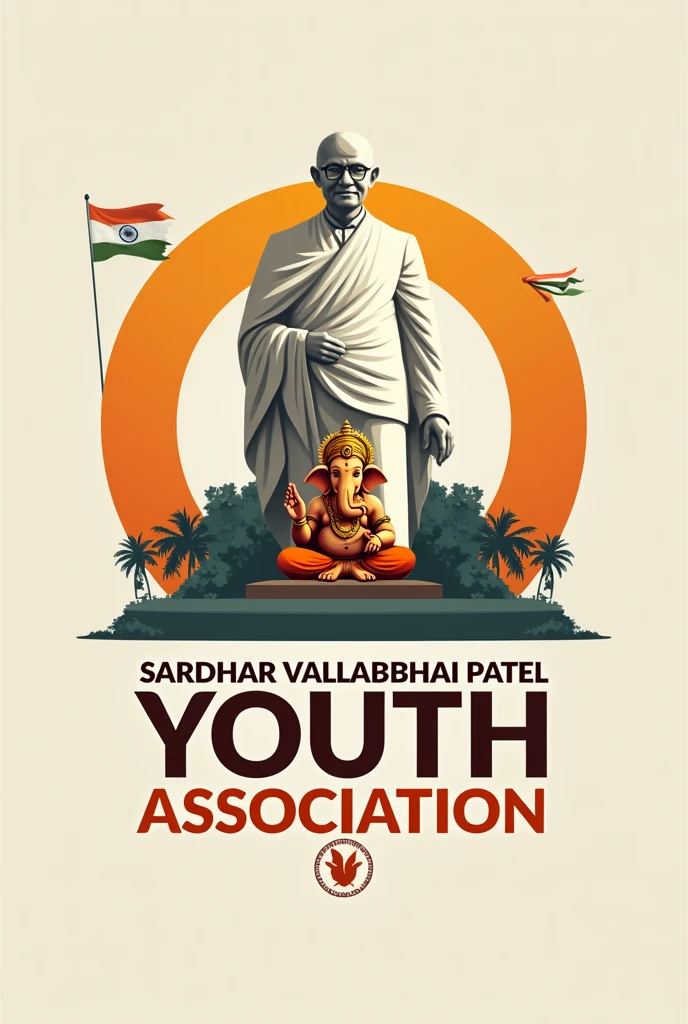 Design logo for sardhar vallabhai Patel youth association with stylish font and with pictures of status of unity and pictures of lord ganesha