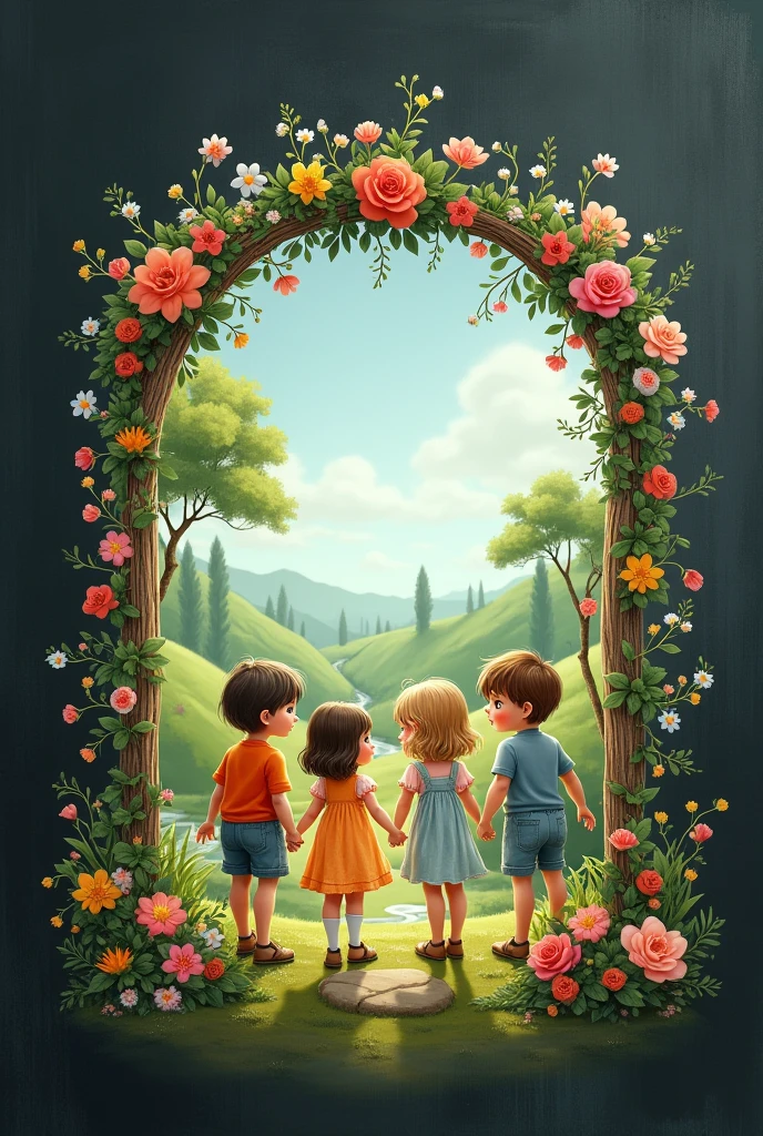 Flower arch with 4 children holding hands in a natural landscape on a blackboard