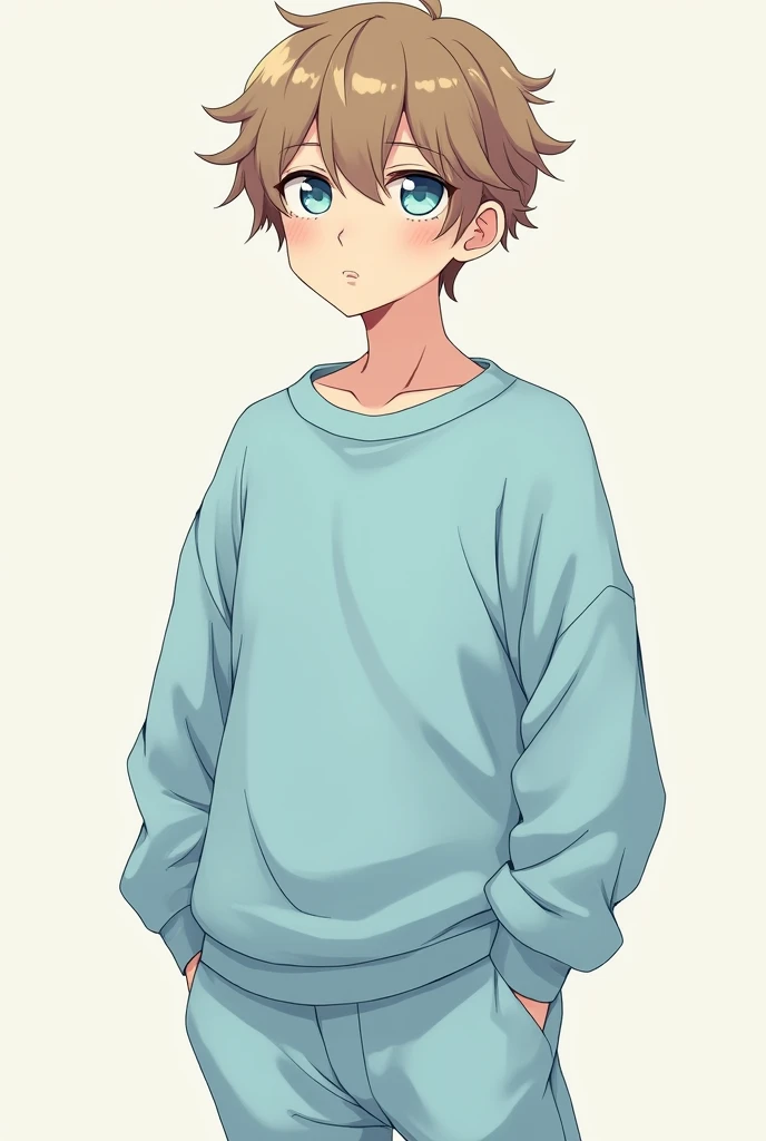 A young man of average height, with light brown hair, soft and shaggy, that never seem to be combed properly. He has bangs that partially cover his eyes., which are large and pale blue, always with a sleepy expression. Your skin is clear, and he has a constantly carefree air, almost as if I were one step away from falling asleep. He wears a sweatshirt that is too big for his body., pastel blue in color, and comfortable pajama pants, Simple Tennis. Your eyes often have slight dark circles, which contributes to its cute, sleepy look. Danganronpa style fassa.