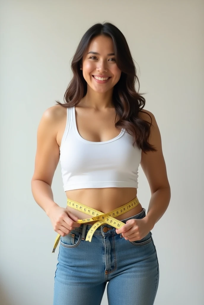 create an image about weight loss, a woman holding a tape measure around her belly, showing that she lost weight 
