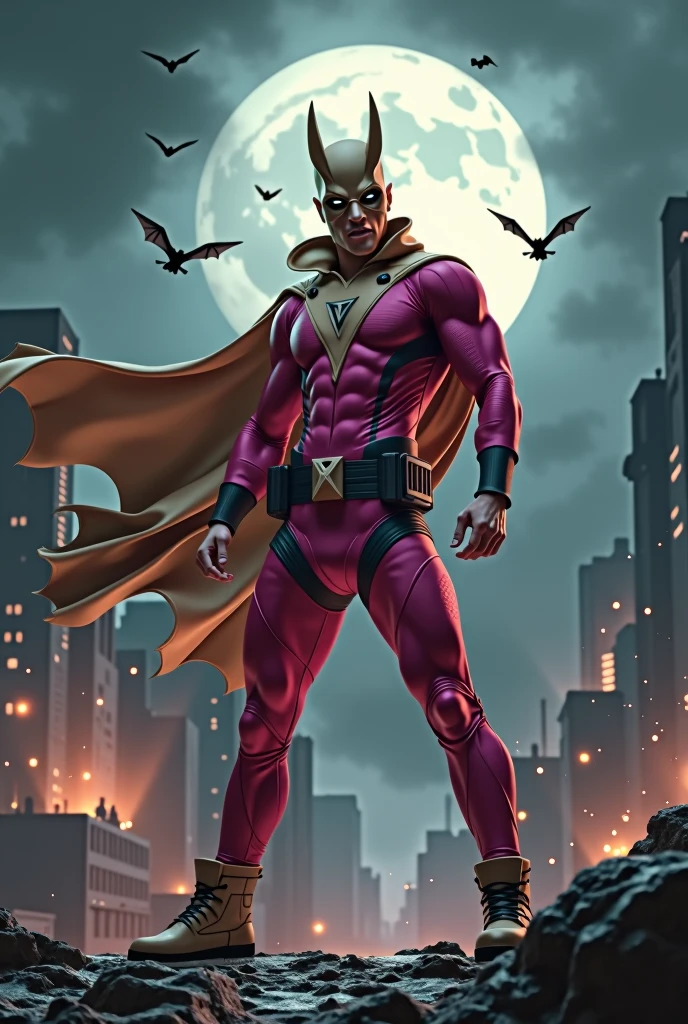 Malaysia man in high-tech suit, vivid effects, malaysian superhero(( (KELUANG MAN)) in a striking pink and brown beige costume cyberpunk design((, mask small mini bat ear beige,)) daredevil beige mask, jumpsuit dark pink stands confidently in a dramatic.jumping from high place.hero costume.one hand rise up. (Big triangle logo on the chest.high detail Punisher logo on the chest)). jumping from hight place. Fighting pose , stormy landscape. ((Head covered node guard like batman. Running pose , athletic body type, small mini ear bat mask))The character wears domino mask a helmet with pointed mini torn ears and a flowing cape biege, open nose and mouth. Equipped with visible futuristic weapons on a belt,bullet proof jacket pink dark day.show fingers pose, dark night, big supermoon effect . Small logo on chest triangle shape small ((mitch gerads punisher ))logo center triangle cyber logo center on chest pink logo mini logo Casey Jones mask on the logo on chest. )). rocky. Building top.smoke ground , bomb effect background, losse pants, losses costume.adding to --ar 3:4 --style raw --stylize 500 --v 6.1. chaos. Lot of small flying bat. Hand glove. One leg on the high stone. Man. Backpack . Real man age 40 year old. One hand holding belt. Jump from high place. Open cape.