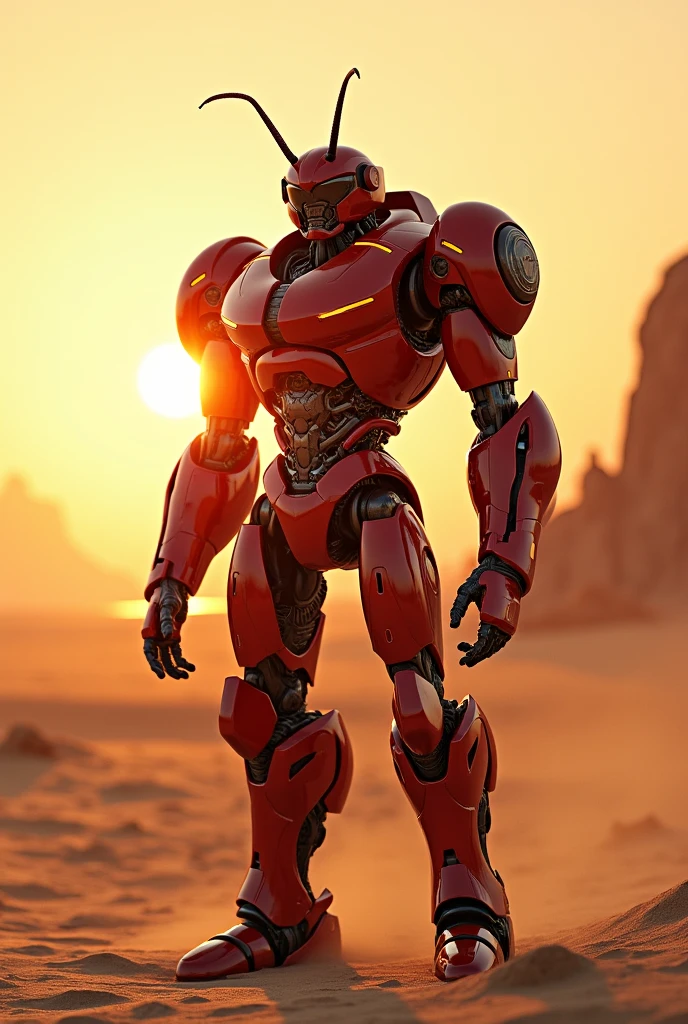 Red ant in transformers suit in the dessert in sunset