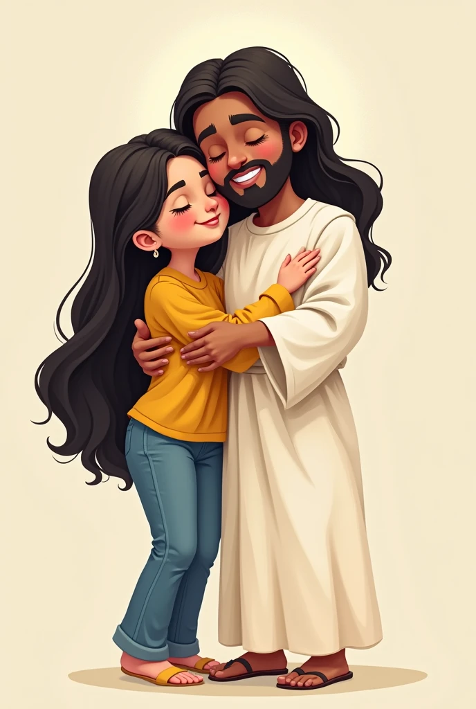 Create a cartoon of a woman with long black hair, Round face, round nose with a mustard-colored blouse and jeans standing hugging Jesus Christ, the clothes of Jesus Christ are white