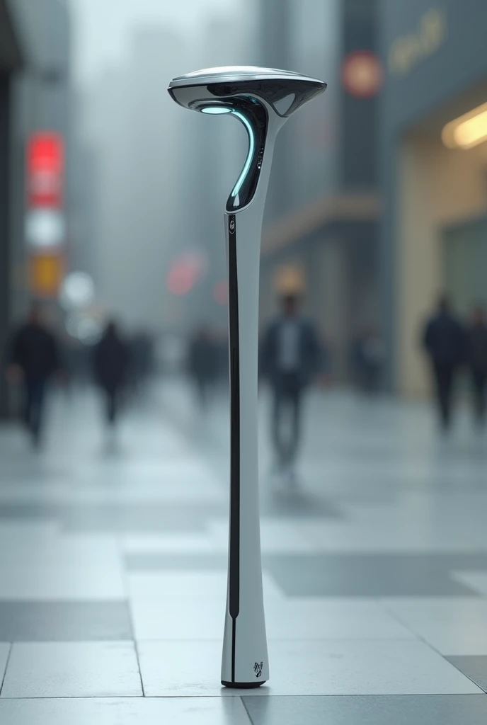 Create me a 3D prototype about a design lightweight straight stick design for blind person in a technologilize style.