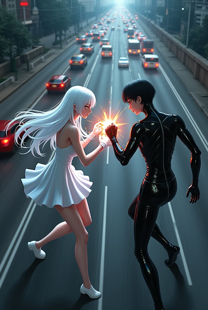 The image is anime style with shadows and dim lights, anime style although somewhat adult and dark, It shows a scene of the roads of a city. in it, between the vehicles, They are fighting an albino with long white hair, who wears a short white dress, against an android who has short black hair and a latex suit. They fight bare-knuckle over the highway, Shock waves come out of their blows. The image is focused from above and very far away, so you can barely see the fighters in question.