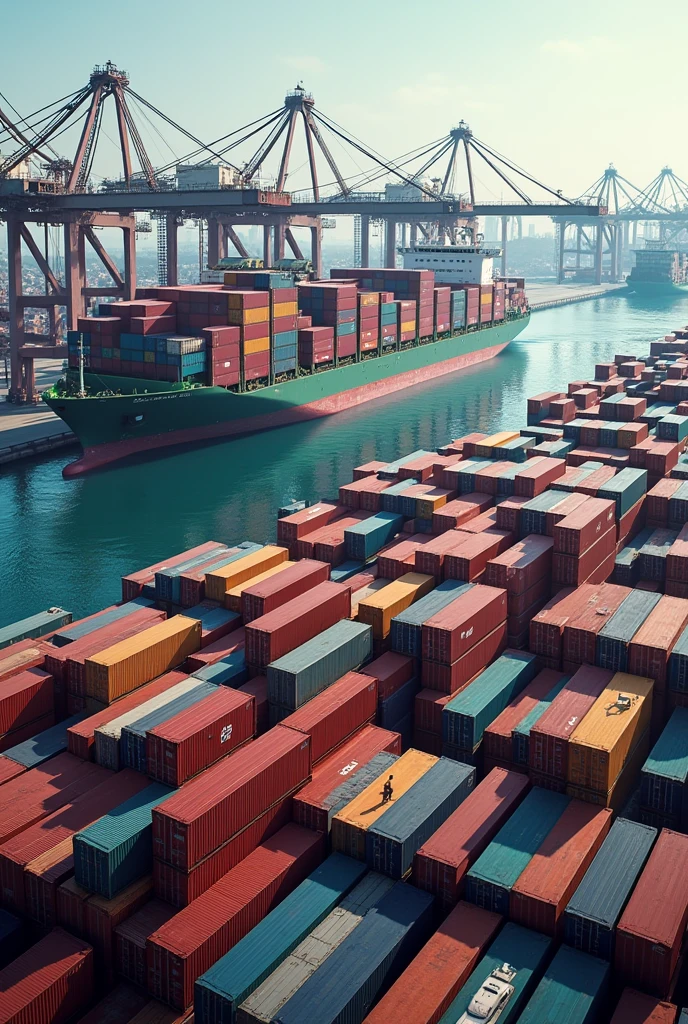 A port with containers and ships and straddle carriers