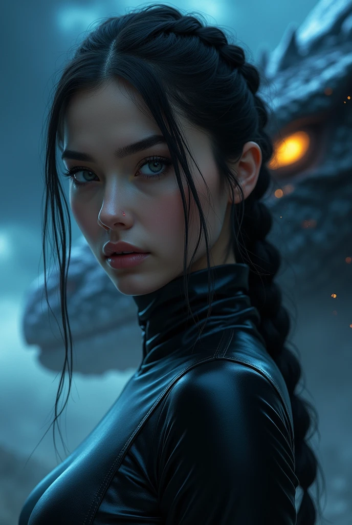 Close-up image, night background a dark thunderstorm, black and phosphorescent blue light, of an extremely beautiful woman, grayish eyes, black hair braided around the head like a ponytail , dressed in a leather turtleneck shirt, and a BIG dragon with golden eyes