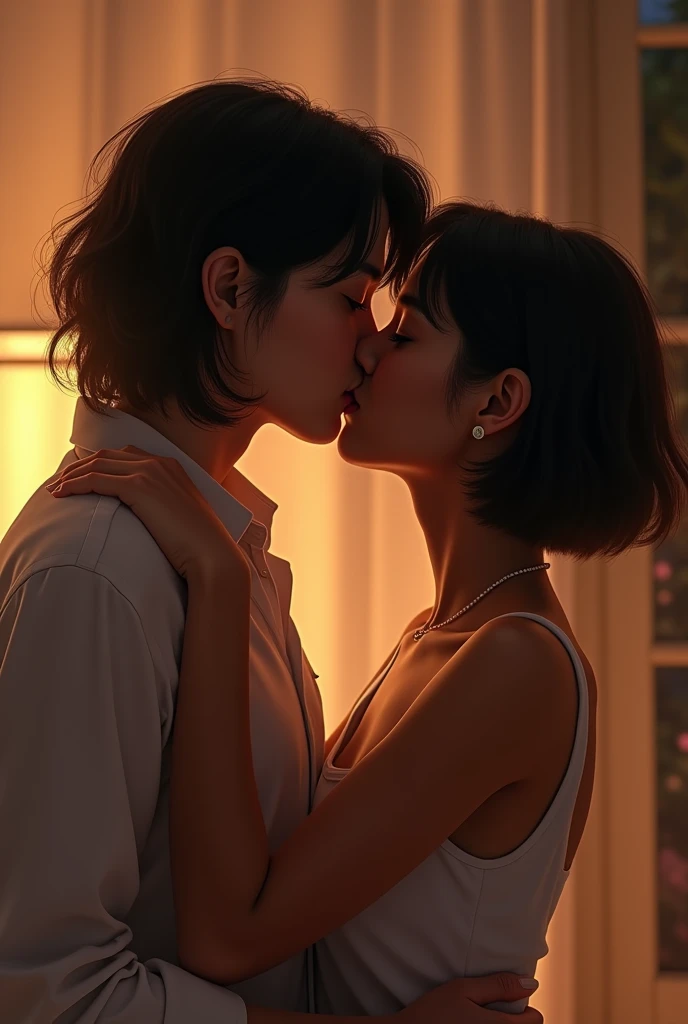  Asian and brown with short hair kissing 
