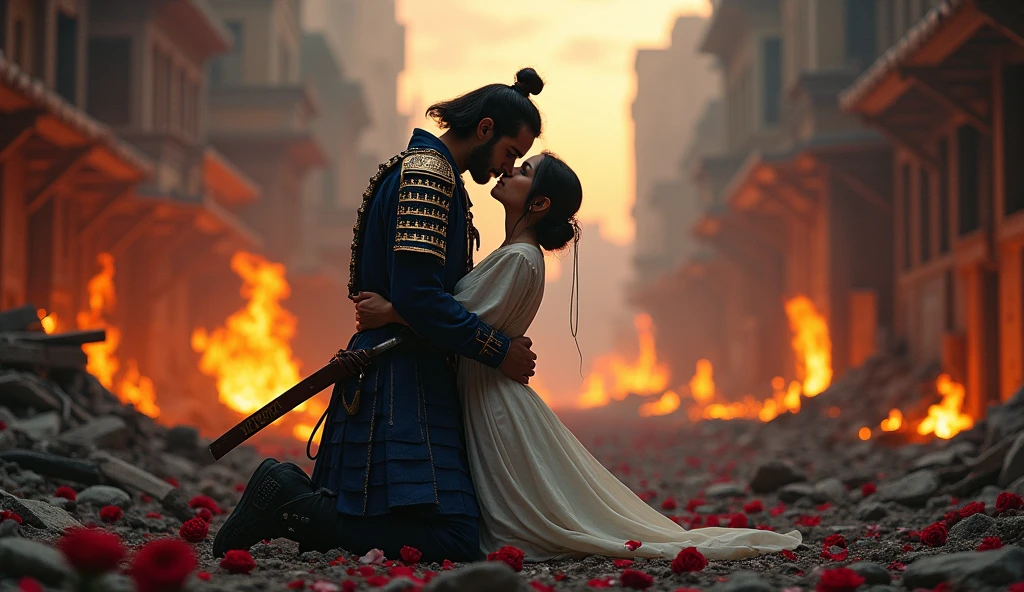 1890; (masterpiece, best quality) destroyed city roses on the floor(Iroshima); flowers on the ground; 1Samurai soldier kissing his wife(close-up); fire around.
