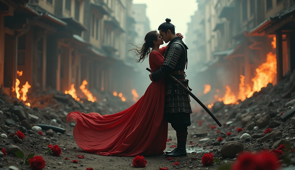 1890; (masterpiece, best quality) destroyed city roses on the floor(Iroshima); flowers on the ground; 1Samurai soldier kissing his wife(close-up); fire around.
