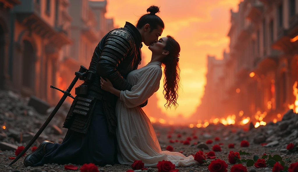 1890; (masterpiece, best quality) destroyed city roses on the floor(Iroshima); flowers on the ground; 1Samurai soldier kissing his wife(close-up); fire around.