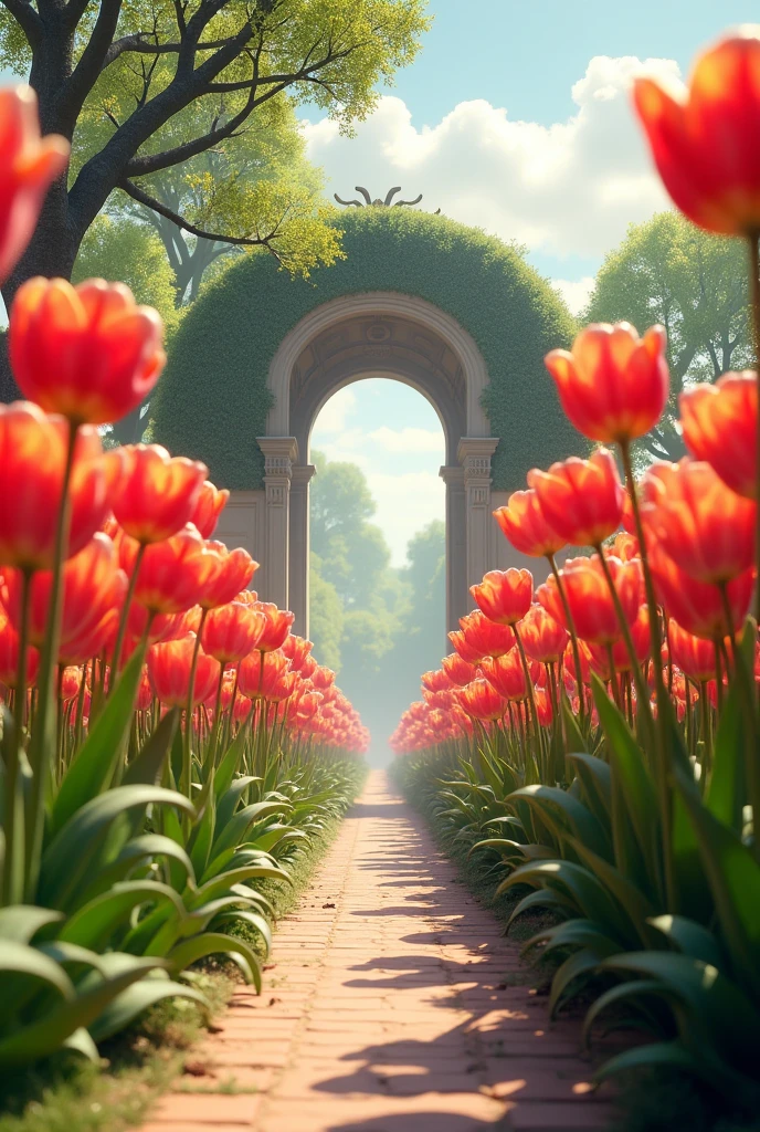 A tulip walkway with an entrance in the middle 