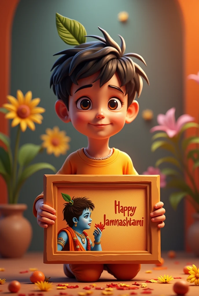 (photorealism:1.2), A boy is holding a photo frame of lord krishna ji, the boy is wearing a saffron shirt with "Ashutosh" name written on its background.3d illustration .with written name "Ashutosh " in bold and big letter and wishes a happy janamastami.
